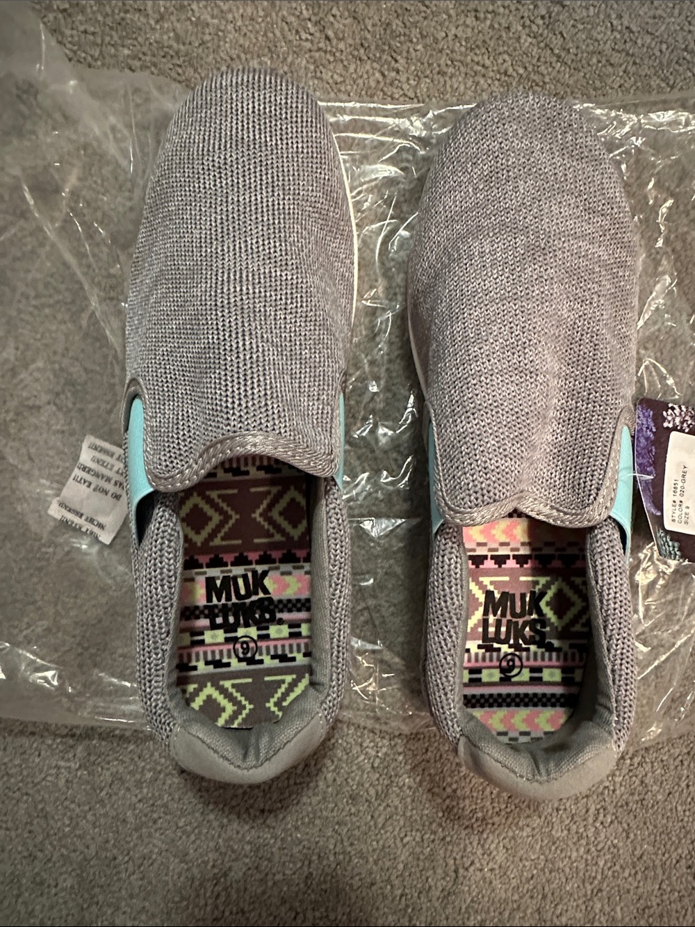Muk Luks Slip-On Knit Sneakers in Light Gray with Aqua Accents
